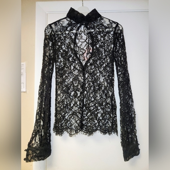 VALENTINO R.E.D BLACK FLORAL LACE LONG SLEEVE HIGH NECK BACK BUTTON BLOUSE M 42. - Picture 3 of 17